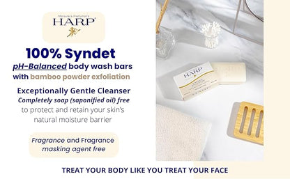 HARP pH-Balanced (5.0-6.0) Exfoliating Body Wash Bar - FRAGRANCE FREE. Bamboo Powder Exfoliation -the perfect consistency. Soap/Lye/Preservative/Dye/Masking agent-Free. Non-comedogenic. 5oz