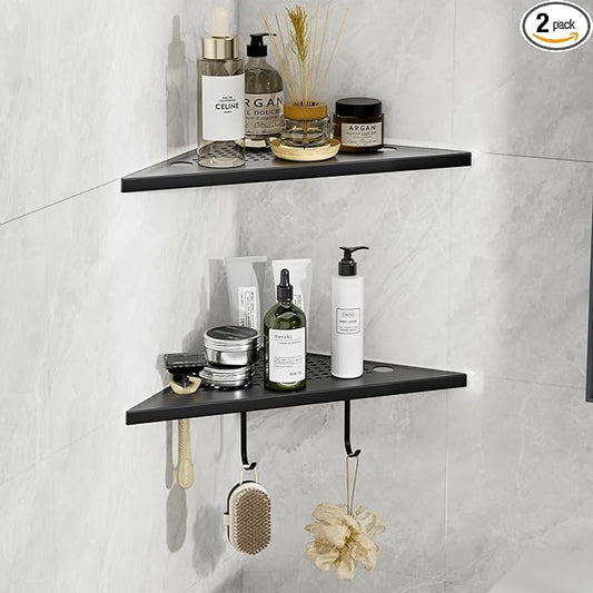 Matte Black Corner Shower Shelves 2-Pack, 10" 304 Stainless Steel Recessed Shelf for Bathroom, Grout in Corner Shelf Racks for Tiled Wall with Hooks and Razor Slot (Holds 15lbs)