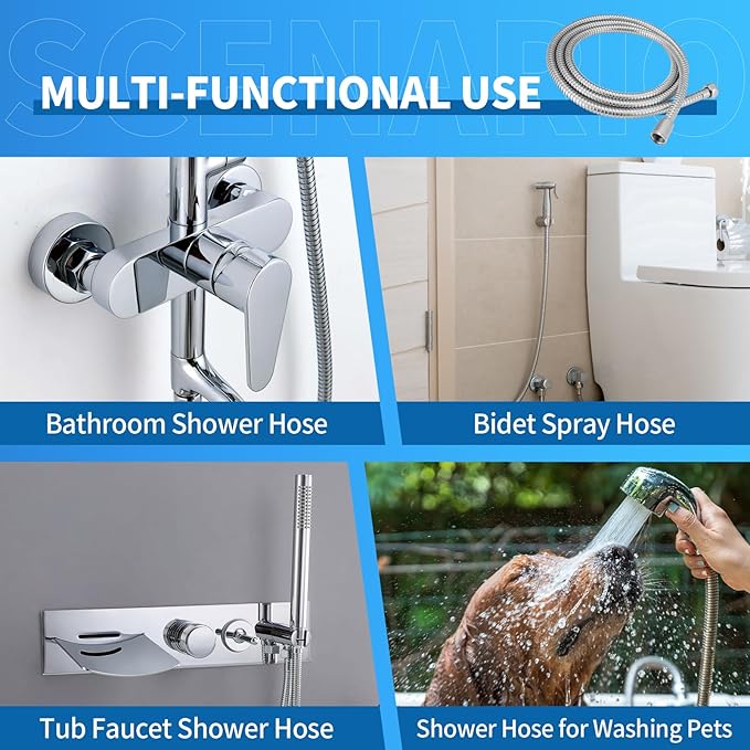 98" Metal Shower Hose Replacement Handheld Kink Free Stainless Steel Shower Head Wand Hose Extension Extra Long with Brass Insert and Nut, Durable & Flexible for Pet Bathing Cleaning