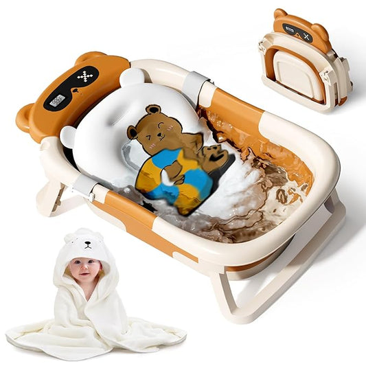 Collapsible Baby Bathtub for Newborn to Toddler (0-18 Months) - Foldable Baby Bath Tub with Soft Towel, Newborn& Infant Bathtub for Travel and Outdoor, Brown
