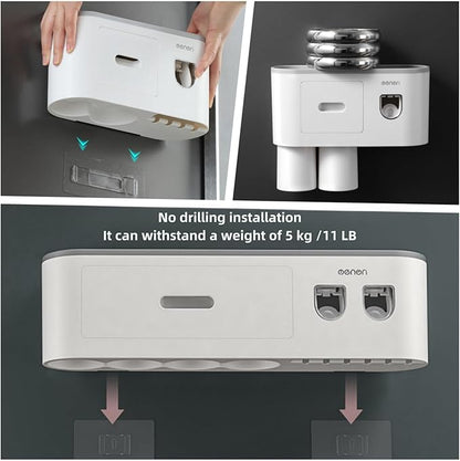 No-Drill Wall Mounted Toothbrush Holder, Bathroom Shelf, with Automatic Toothpaste Dispensers 4 Brush Hooks 4 Magnetic Cups 1 Cosmetic Drawer Organizer and Large Storage (1 Dispenser 4 Cups)