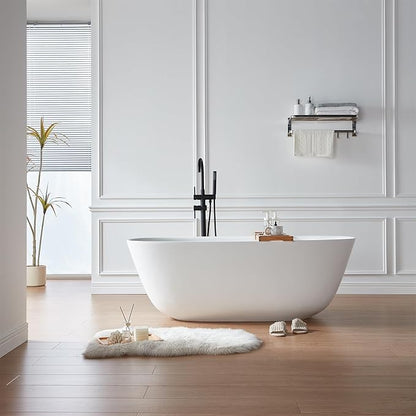 Cpingao 59" Solid Surface Freestanding Bathtub, Stone Resin Soaking Tubs, Stand Alone Tub with Pop-up Drain and Overflow, Matte White 8823A-1500