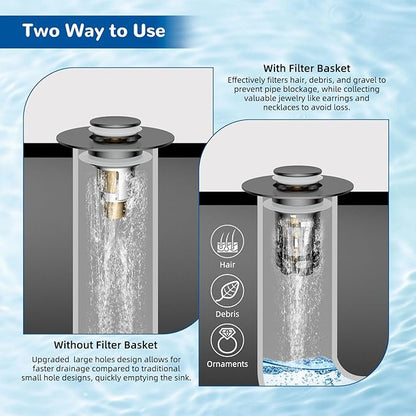 Hibbent Upgraded 3 in 1 Bathroom Sink Drain Strainer, Universal Pop Up Stopper with Removable Stainless Steel Filter Basket Hair Catcher, Sink Plug for 1.1''~2.36'' Basin, Brass Bullet Core, Grey