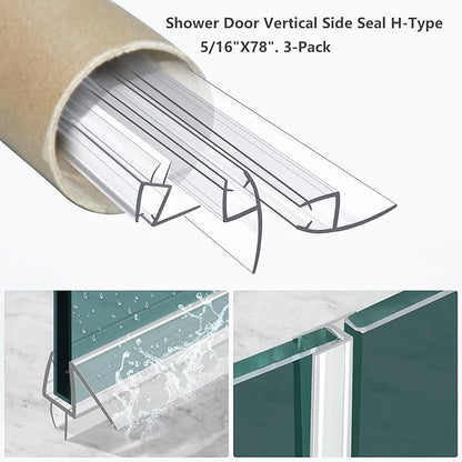 Shower Door Bottom&Side Seal Set 3PCS, 78" (1981mm) Length H-Type PVC Strip for 5/16" (8mm) Thick Frameless Glass Door, to Stop Water Leaks