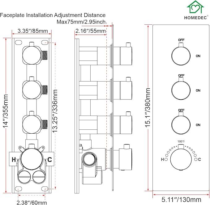 HOMEDEC 3-way Brass Thermostatic Shower Diverter, 4 Handle Flow Control Valve, 3/4 inch Inlet can Run Simultaneously, Chrome