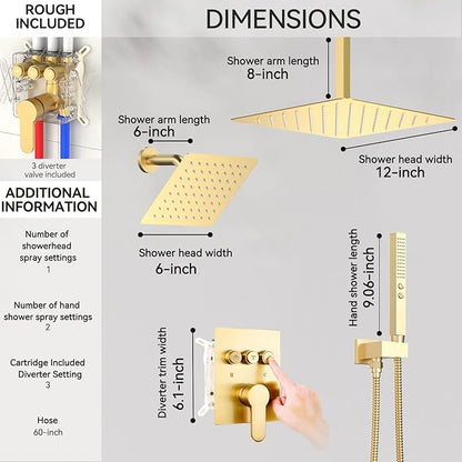 Shower Systems with Rain Shower and Handheld,STARBATH Dual Head 12+6" Rainfall Shower Can Run All Together, Ceiling Mount Shower Faucet Set with Pressure Balance Valve and Trim Kit, Brushed Gold