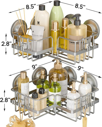 LEVERLOC 2 Pack Corner-adaptive Suction Cup Shower Caddies, Drill-Free Wall Mounted Basket, Stainless Steel Rustproof Corner Shower Shelf, Large Capacity Removable Suction Cup Bathroom Organizer, Gray