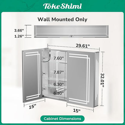 TokeShimi 30x32 Bathroom Mirror Medicine Cabinet with Light 3 Colors, Anti-Fog Tempered LED Mirror with Storage, Stepless Dimming CRI 80+, Memory Funtion, Wall Mirrored Cabinet for Bathroom Décor