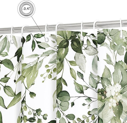 Gibelle Olive Green Eucalyptus Shower Curtain, Watercolor Plant Leaves with Floral Bathroom Shower Curtain Set with Hooks, 72x72