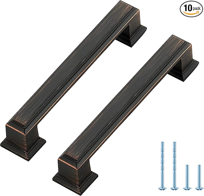 Ravinte Hardware 10 Pack Oil Rubbed Bronze Cabinet Pulls, 3-3/4 Inch (96mm) Hole Center Zinc Alloy Drawer Handles for Kitchen Cabinets, Cupboards, Dressers, Square Solid Metal Hardware