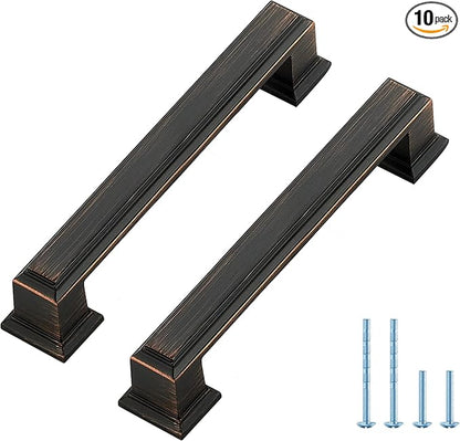 Ravinte Hardware 10 Pack Oil Rubbed Bronze Cabinet Pulls, 3-3/4 Inch (96mm) Hole Center Zinc Alloy Drawer Handles for Kitchen Cabinets, Cupboards, Dressers, Square Solid Metal Hardware