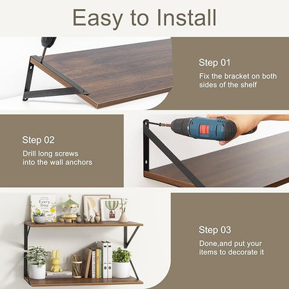 Fun Memories 27.5" W x10 D Floating Shelves, Large Wall Shelves 27.5 Inch Long, Set of 2, Farmhouse Wood Floating Shelf Wall Mounted, Deep Shelves for Bathroom, Living Room, Kitchen, Walnut Color