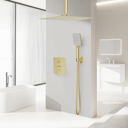 Shower System 12IN Modern Rain Brass Faucet Set With Valve and Diverter Shower Mixer With Handheld High Pressure Square Rainfall Shower Valve (12'' Ceiling Mount, Brushed Gold)