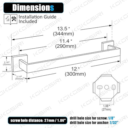 KOKOSIRI 12-Inch Single Towel Bar, Bathroom Kitchen Towel Holder, Wall Mounted SUS304 Stainless Steel Towel Rack, Matte Black, B4003BK-L12