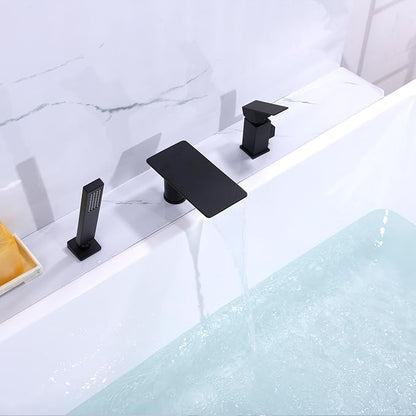 Roman Tub Faucet with Hand Shower, Matte Black Deck Mount Waterfall Tub Faucet High Flow 3 Hole Bathtub Faucets Sets