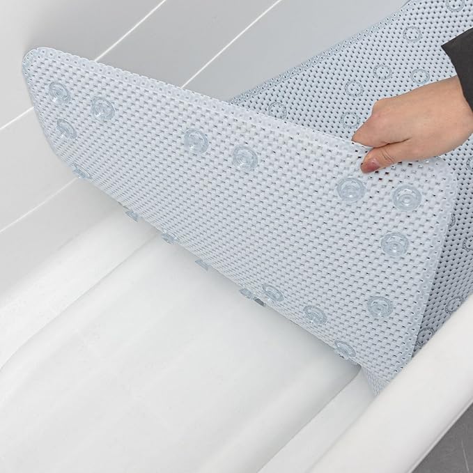 Bathtub Mat Non Slip 36” X 17” Gray Blue Shower Mat Soft Foam Bath Mats for Bathroom Tub, Bathtub Mat with Drain Holes, Suction Cups, Shower Mat Non Slip
