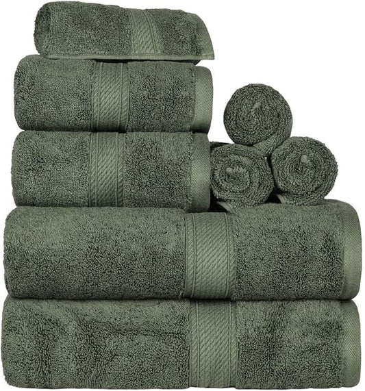 BLUENILEMILLS Madison Egyptian Cotton Towels, Towel Set for Bathroom, Shower, Hotel, Plush, 800 GSM, Highly Absorbent and Ultra-Soft Towels, Bath Essentials, 8 Piece Assorted Towel Set, Forest Green