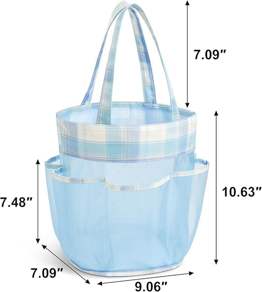 Mesh Shower Caddy Portable, Bathroom Caddy Organizer for College Dorm Essentials, Hanging Shower Tote Bag with 7 Pockets for Beach, Swimming, Gym camping Blue Checkered