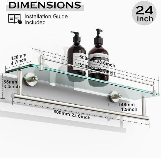 24-Inch Tempered Glass Bathroom Shelf with Towel Bar - Brushed Nickel Towel Holder Modern SUS304 Stainless Steel, Wall Mount Towel Hanger
