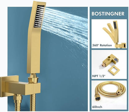 Brushed Gold Shower System with Body Jets，Bostingner 12" Rain Shower and Handheld, Can Use All Spray at A Time,Wall Mount Push Button Shower Faucet Set with Valve and Trim Kit Included