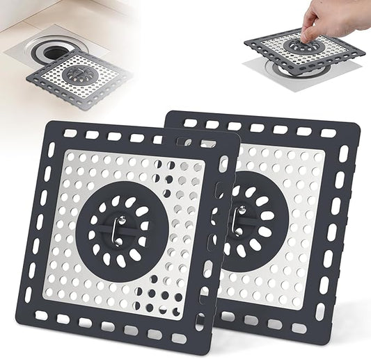 Hibbent 2 Pack Shower Drain Hair Catcher, Shower Drain Cover for Bathroom Floor 4" Drain, Anti-Clogging Bathtub Drain Strainer, Stainless Steel Kitchen Sink Drain Strainer with Handle, Dark Grey