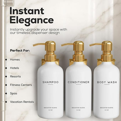 Luxury Shampoo and Conditioner Dispenser Set Wall Mounted by Brighter Barns - Refillable Shampoo and Conditioner Bottles - Shower Dispenser 3 Chamber No Drill - White and Gold Bathroom Decor (Gold)