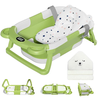 MoreFeel Collapsible Baby Bathtub for Newborn with Thermometer & 1 Hooded Towel & 1 Soft Floating Cushion,Portable Travel Bathtub with Drain Hole, Durable Foldable Baby Tubs for Infants to Toddler