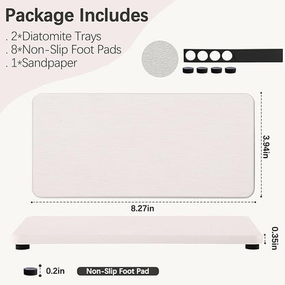 2 Pcs Water Absorbing Stone Trays, Kitchen/Bathroom Sink Soap Dish, Diatomite Tray Used for Hand Soap & Cosmetic Bottles in The Modern Home, 4" W x 8.3" L, White