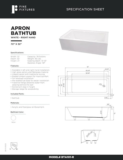 Fine Fixtures Acrylic, Fiberglass Alcove Soaking Bathtub with Integral Apron Front in Glossy White - Right Hand Drain, 72" x 32"
