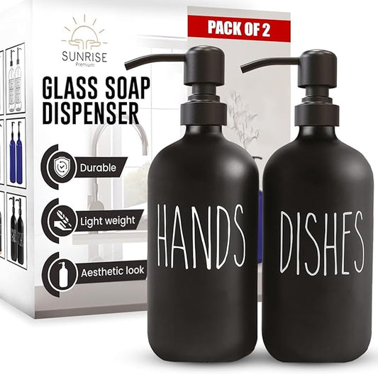 16 OZ Thick Black Glass Soap Dispenser, Matte Black Stainless Steel Pump 2 Pack, Hand and Dish Soap Dispenser Set for Bathroom with 6 Waterproof Labels
