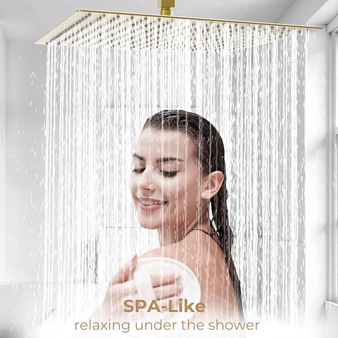 Gold Rain Shower Head, 16 Inch Ultra Thin 304 Stainless Steel Square Rainfall Shower Head, Full Body Coverage with 324 Silicone Nozzle Waterfall Showerhead