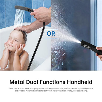 G-Promise All Metal 14 Inches Rain Shower Head with Handheld Built-in Power Wash Mode, 3-way Shower Diverter with Pause Setting, 11 Inches Adjustable Extension Arm, Long Hose (Matte Black, 14 Inches)