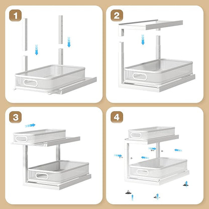 2-Pack Under Sink Storage Organizer with 2-Tier Slide Out Drawer, Sophisticated Mesh Pull Out Shelf for Kitchen & Bathroom, Fits Small Items, Upgraded Arched Track for Smooth Gliding(Patented)