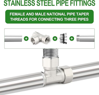 TAISHER 2PCS 304 Stainless Steel 3 Way Left&Top 2 Ends Flexible Movable Tee Connector, 1/2" Male for Sprayer, Angled Valve, Shower Arm