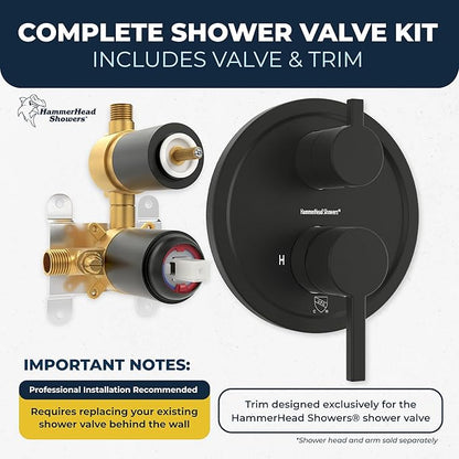 HammerHead Showers Solid Metal Two Handle Shower Valve and Trim Kit Matte Black, Diverts Water, Controls Volume and Temperature, Rough-In Shower Trim Kit with Valve and Pressure Balance Shower Valve