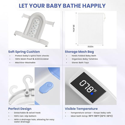 Collapsible Baby Bathtub, Baby Tubs for Newborns with Soft Cushion & Thermometer & Toy Organizer Mesh Bag, Infant Bathtub to Toddler 0-36 Months, Portable Travel Newborn Baby Bathtubs (Blue)