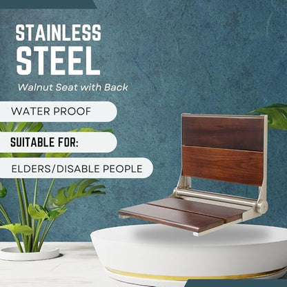 Folding Shower Seat Wall Mounted with Back | 500 lbs Maximum Load Capacity | ADA Compliant Safety Assist Teak Shower Seat for Seniors, Handicapped, and Children | 304 Stainless Steel Frame | 26” x 16”