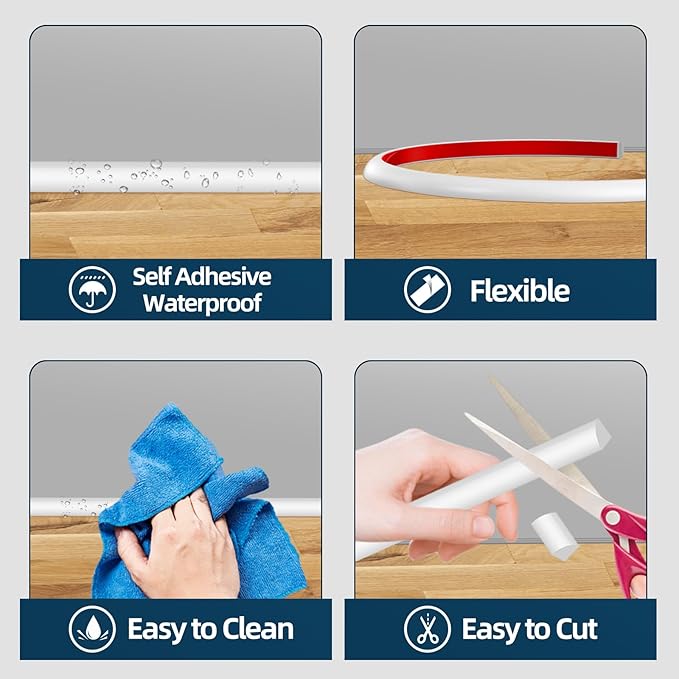 Flexible Quarter Round Molding Trim, Self Adhesive Wall Trim Mini Peel and Stick Rubber Trim Molding for Floor, Bathroom, Kitchen, Countertop, 236" L x 0.5" W x 0.5" H (White, 236Inch)