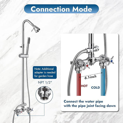 Polish Chrome Wall Mount Outdoor Shower Kit with Hand Held Sprayer Double Cross Handles with Adjustable Slide Bar Dual Function Exposed Shower Faucet System
