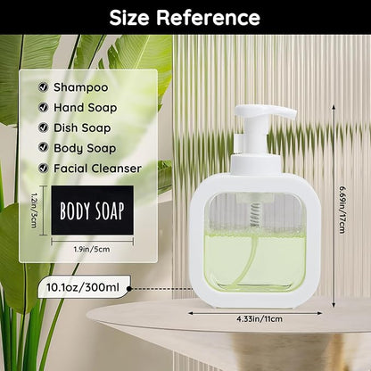 Segbeauty 10.1oz Foam Hand Soap Dispenser with Waterproof Labels, 300ml Square Foam Hand Dispenser or Bathroom & Kitchen Sink, Empty Refillable White Foaming Dish Wash Dispenser Pumping Containers