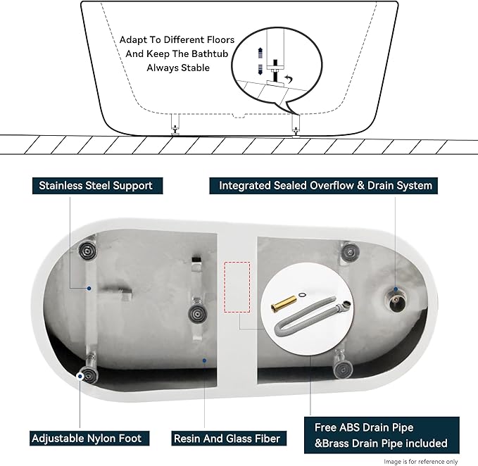 FerdY Langkawi 59" Acrylic Freestanding Bathtub, White Modern Stand Alone Soaking Bathtub, cUPC Certified, Brushed Nickel Drain and Minimalist Linear Design Overflow Included