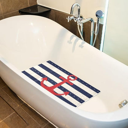 Bathtub Mats for Shower Tub, Anti-Slip Bath Mats for Inside Tub, Bathroom Shower Mats with Drain Holes and Suction Cups (Red Anchor on Navy Blue Stripes Background)