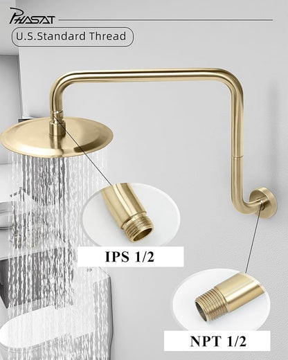 PHASAT 16 Inches Shower Arm Extension,S shaped Shower Arm with Flange,304 Stainless Steel High Rise Shower Head Arm Brushed Gold,PU9J01-M