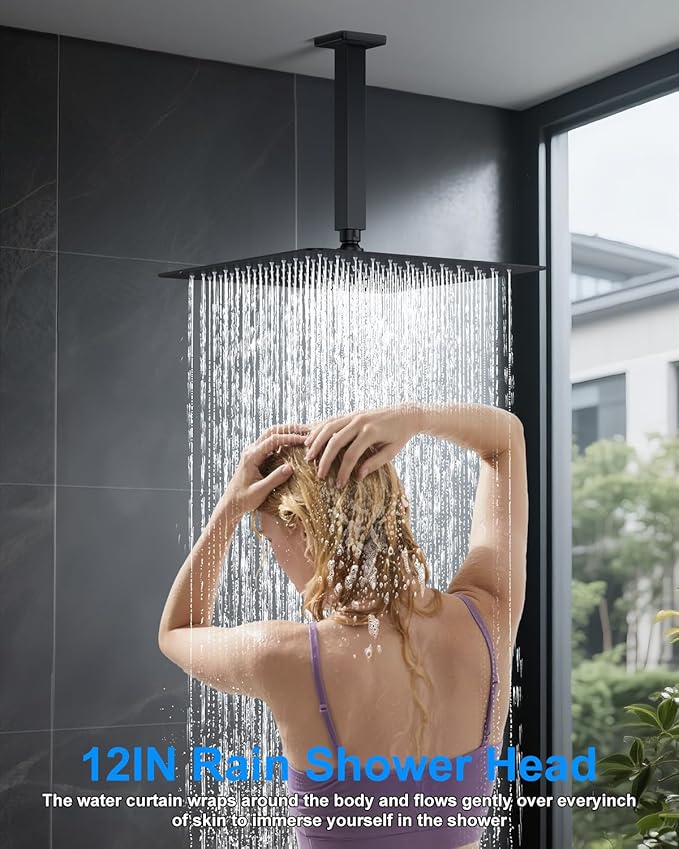 Shower System with Pressure Balance Valve, 12" Ceiling Mount Shower Faucet Set with 2 Rain Shower Head And Multi-function Handheld Head Push Button Diverter Pressure Balancing Valve Kit, Matte Black
