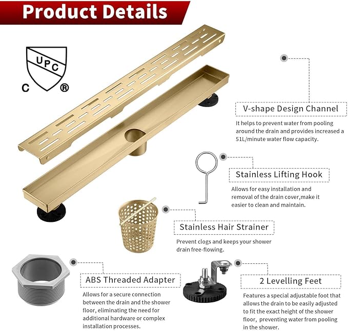 Sharp-tec Linear Shower Drain, 32 inch Shower Drain with Removable Pattern Cover, Brushed Gold 304 Stainless Steel Rectangle Floor Drain, Adjustable Feet and Hair Strainer Included (Model 101)
