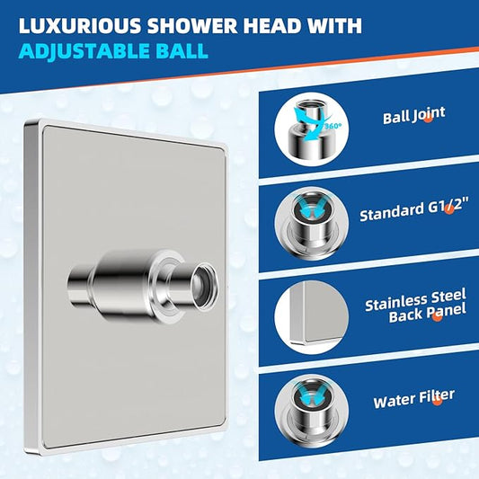 Hibbent Thickness Metal Rain Shower Head, 6 Inch High Pressure Rainfall Shower Head, Square Bathroom Waterfall Shower Heads, High Flow Fixed Showerheads with Adjustable Brass Ball Joint, Chrome