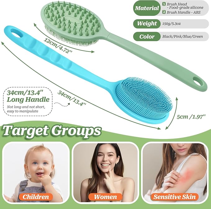 Silicone Back Scrubber for Shower, Gentle Shower Scrubber for Lathering, Softe Silicone Loofah with Two Replaceable Brush Heads, Good for Kids, Sensitive Skin(Pink-Two Heads)