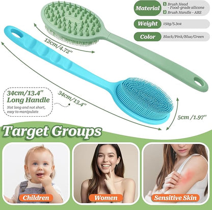 Silicone Back Washer for Shower, Gentle Silicone Back Scrubber for Lathering, Soft Silicone Loofah Bath Brush with Dual-Side & Detachable Brush Head, Good for Sensitive Skin(Green)