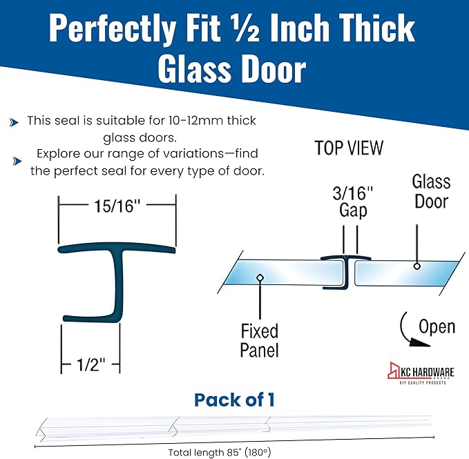 Frameless Shower Door Side Seal Strip H-Type 180 Degree 85inch Length, Clear (1, 1/2inch Glass)
