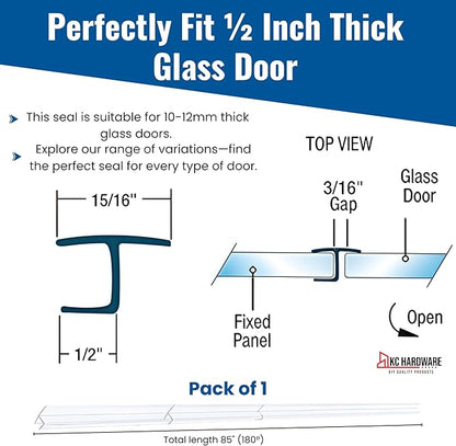 Frameless Shower Door Side Seal Strip H-Type 180 Degree 85inch Length, Clear (1, 1/2inch Glass)